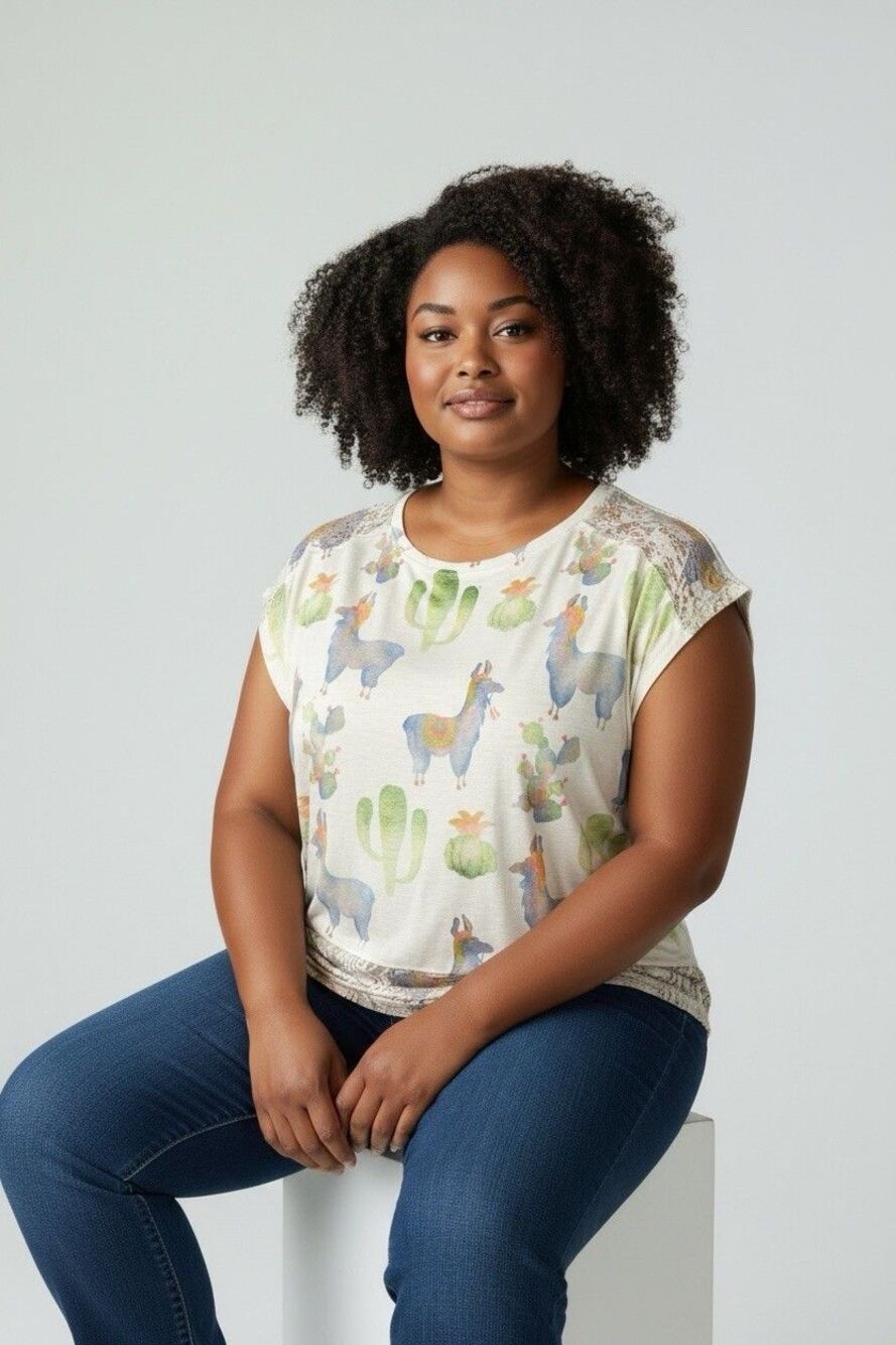 Indigo Soul Women's 2X Llama Cactus Print Short Sleeve T-Shirt Fun Boho
